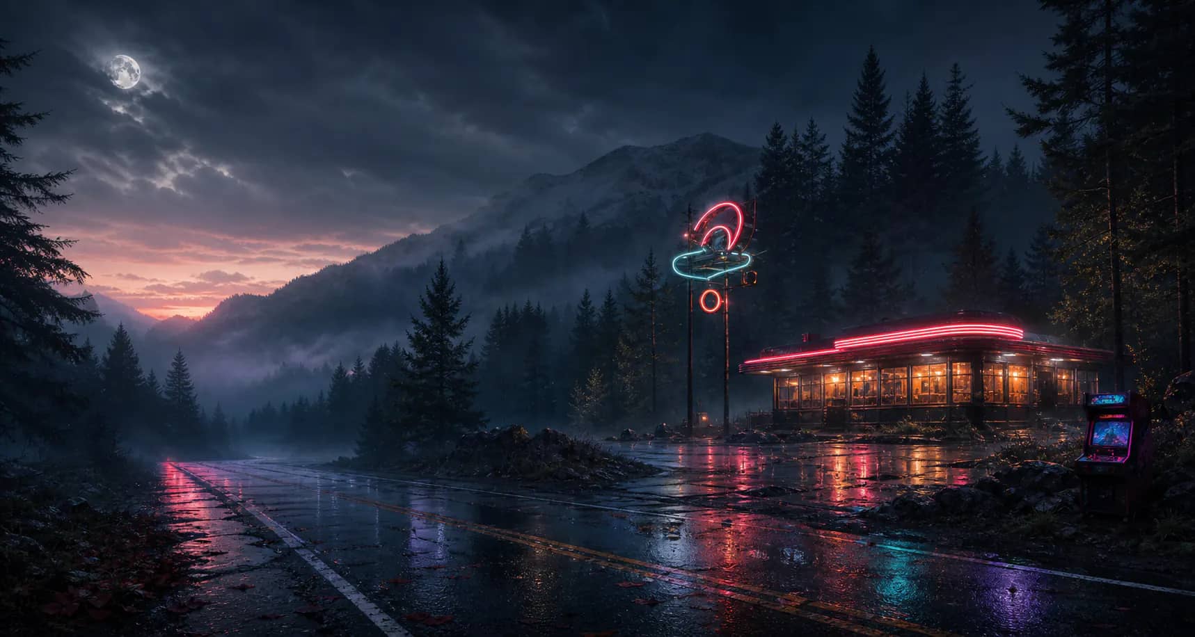 A neon-lit diner at the edge of a misty evergreen forest at night
